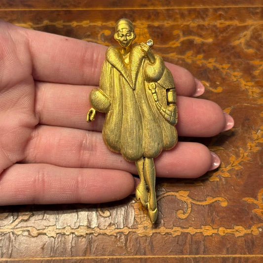 Vintage Signed AJC Gold Toned Brooch Before and After Taxes Fur Coat Lady
