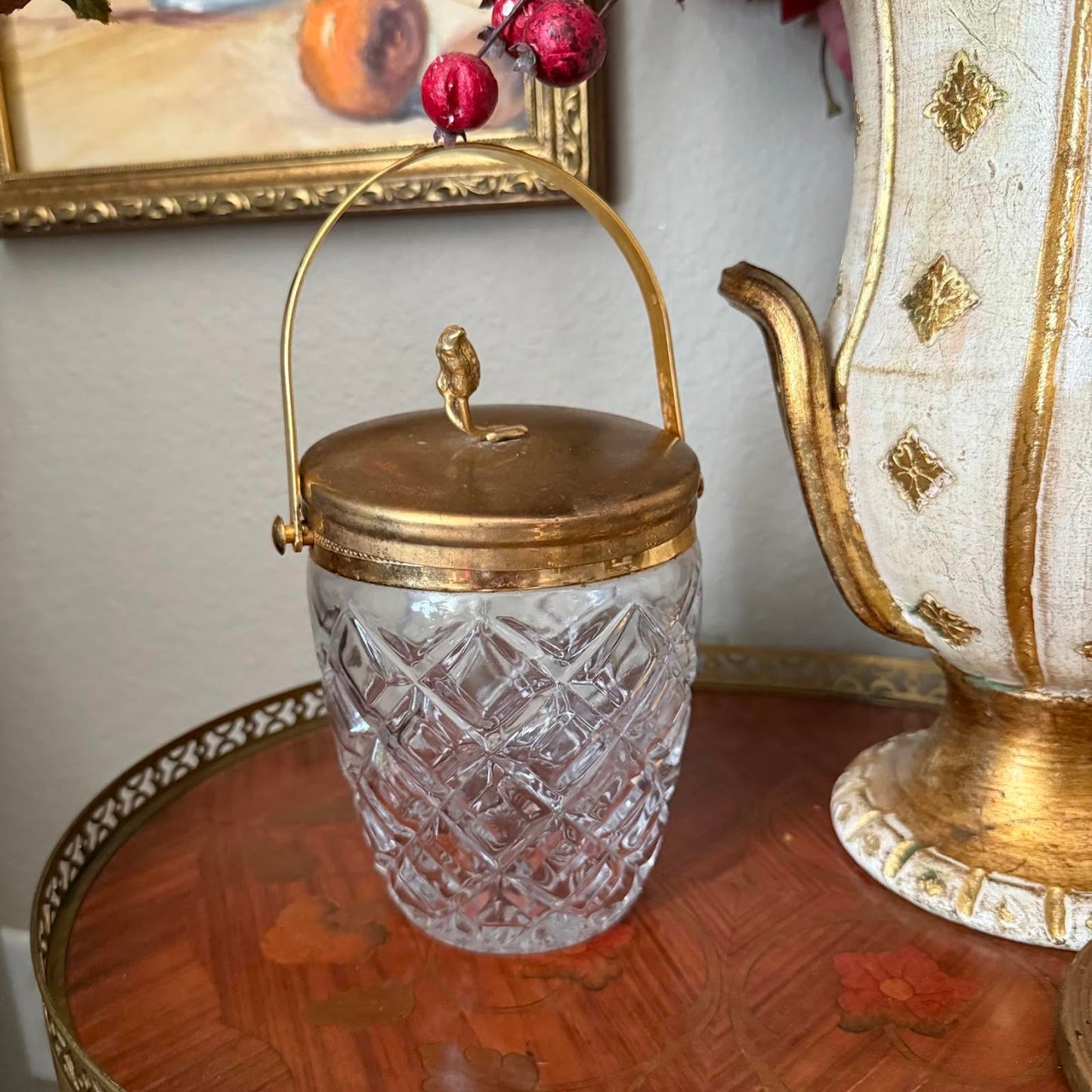 Vintage Glass Ice Bucket with Gold Detailing