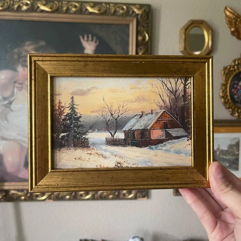 Vintage winter landscape rustic cabin painting Art Print gallery wall