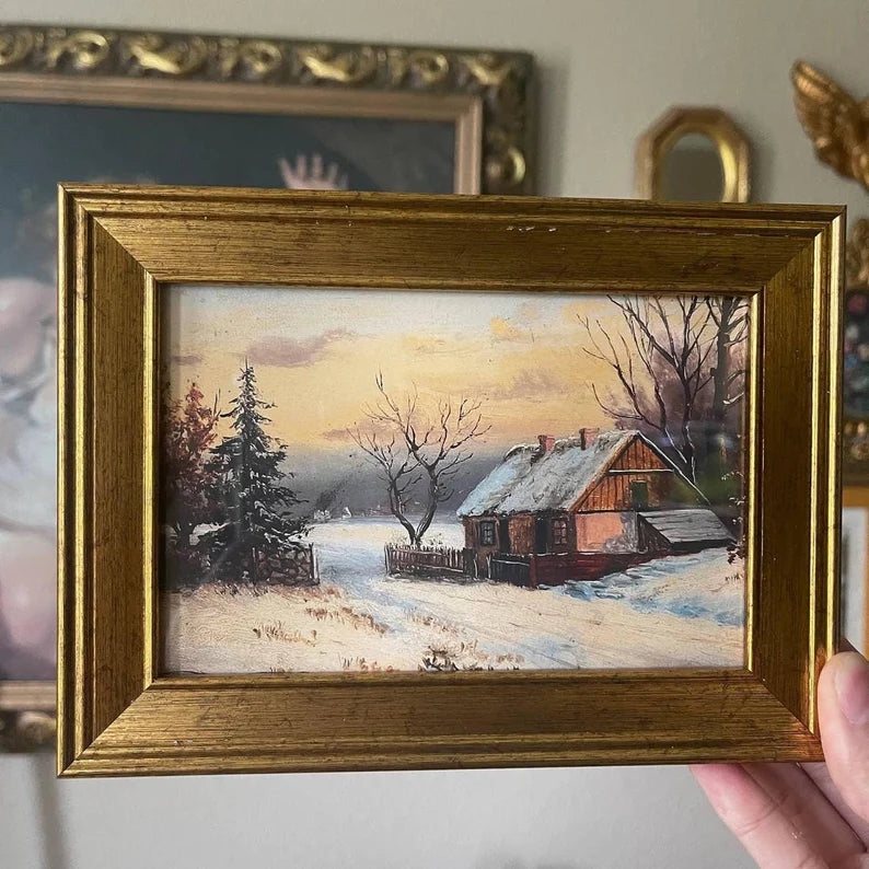 Vintage winter landscape rustic cabin painting Art Print gallery wall