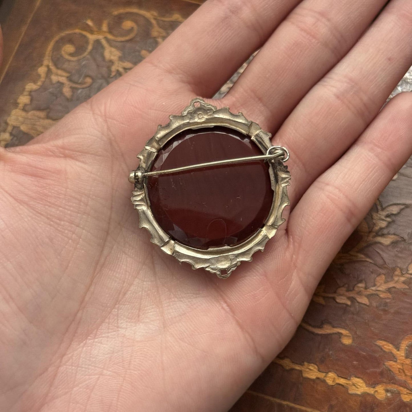 Vintage Glass Burgundy Cameo Brooch
