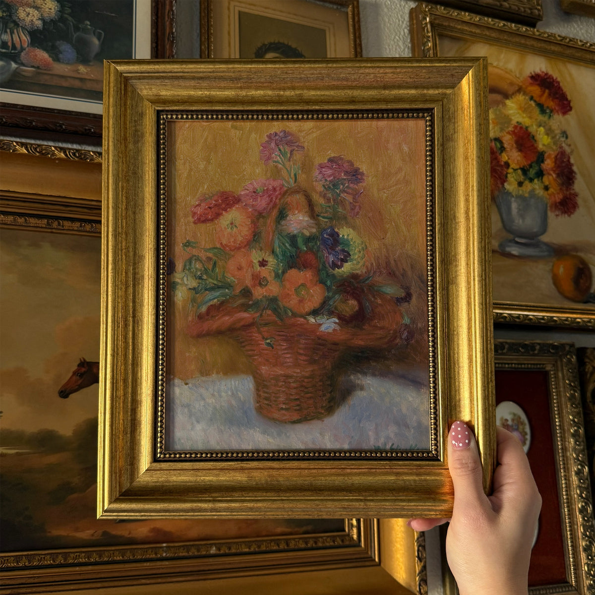 Vintage Style Basket of Zinnias Print Framed Size 8x10