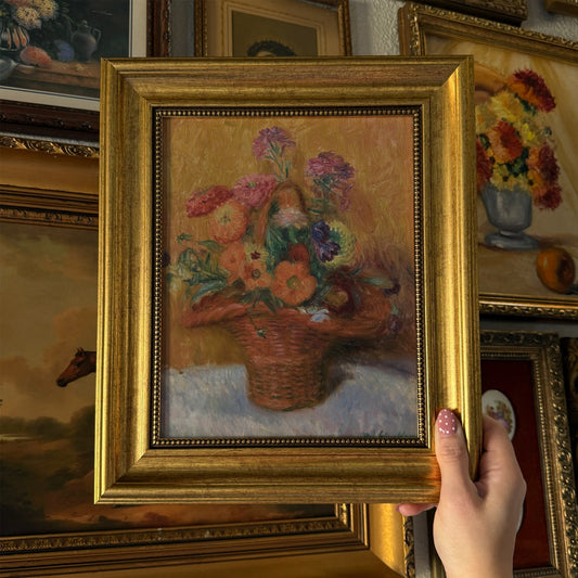 Vintage Style Basket of Zinnias Print Framed Size 8x10