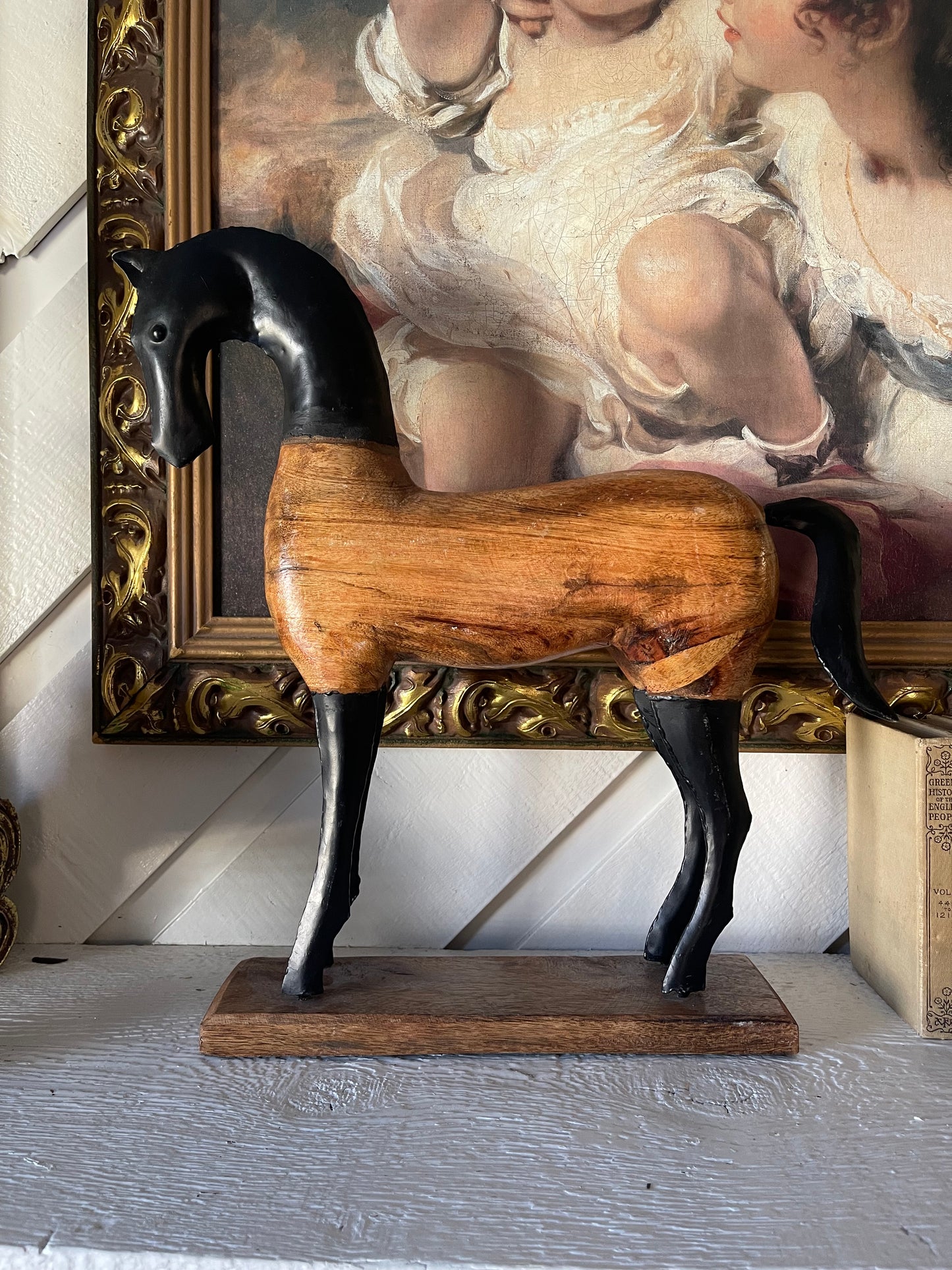 Pair of Vintage Hand-Carved Wooden and Metal Horse Sculptures