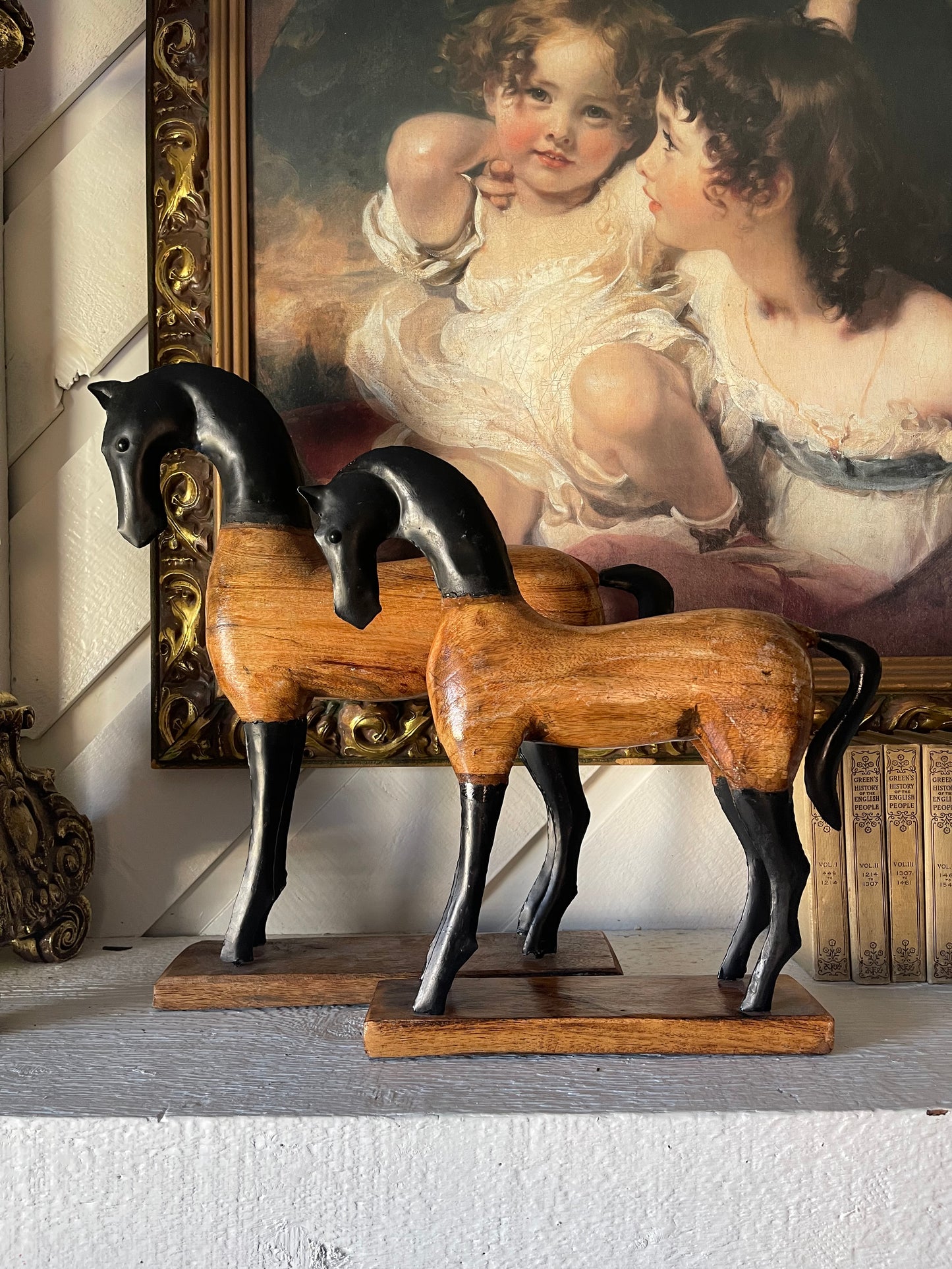 Pair of Vintage Hand-Carved Wooden and Metal Horse Sculptures