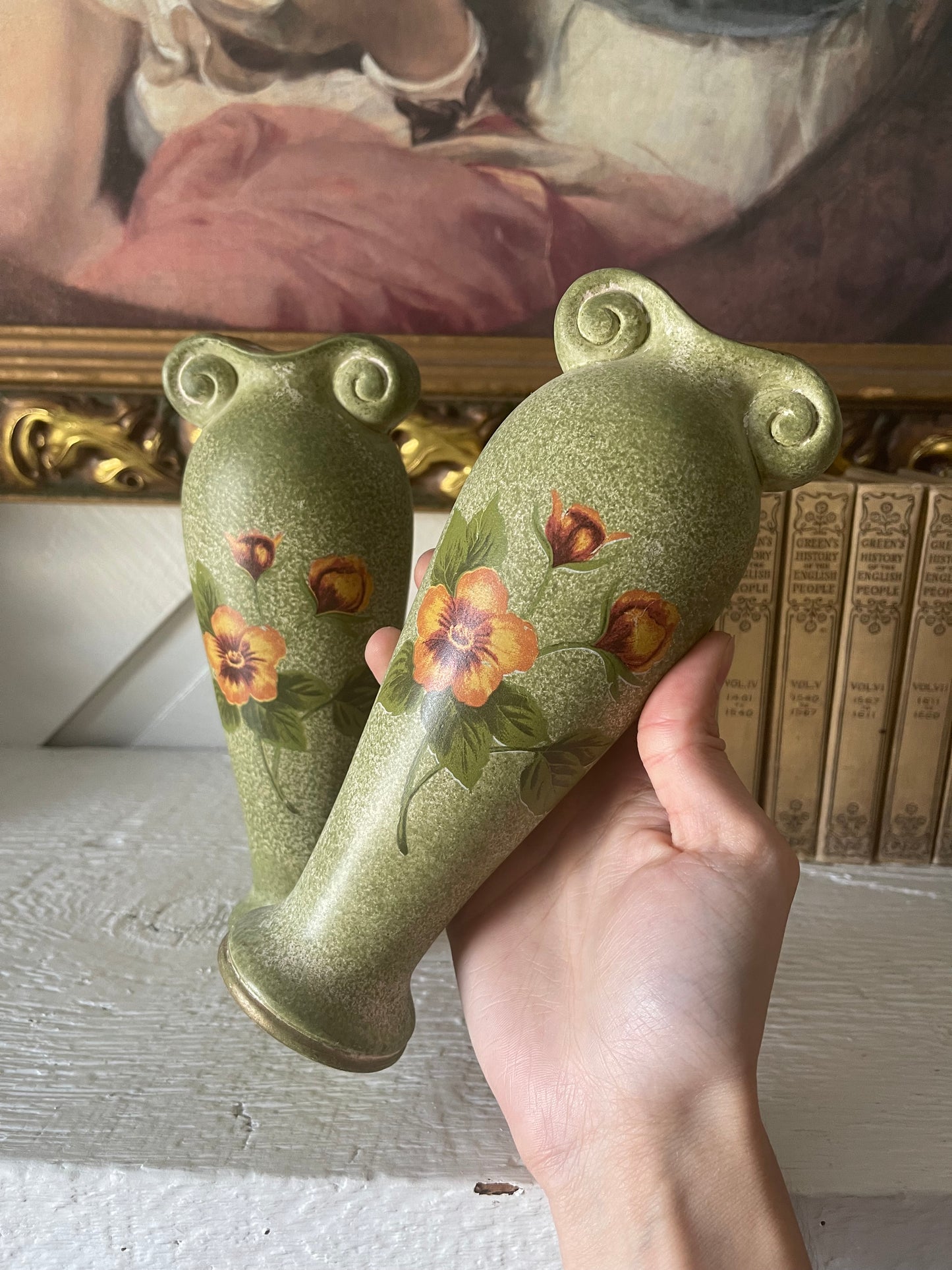 Green floral ceramic painted vase