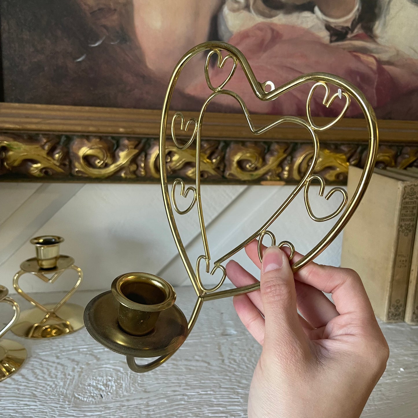 Vintage Pair Of Brass Candle Stick Holders Heart Design