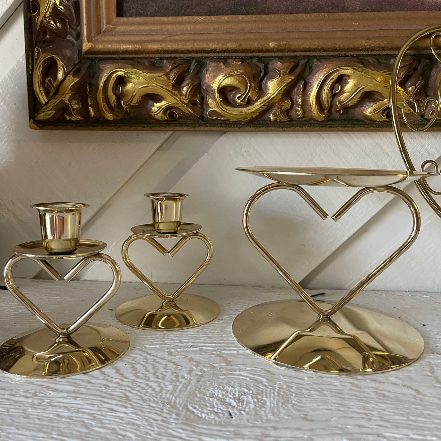 Vintage Pair Of Brass Candle Stick Holders Heart Design