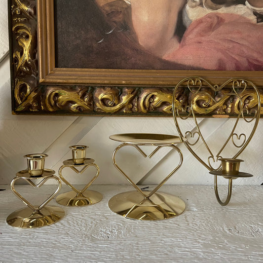 Vintage Pair Of Brass Candle Stick Holders Heart Design