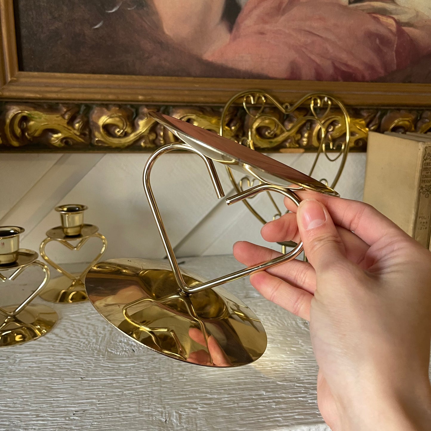 Vintage Pair Of Brass Candle Stick Holders Heart Design